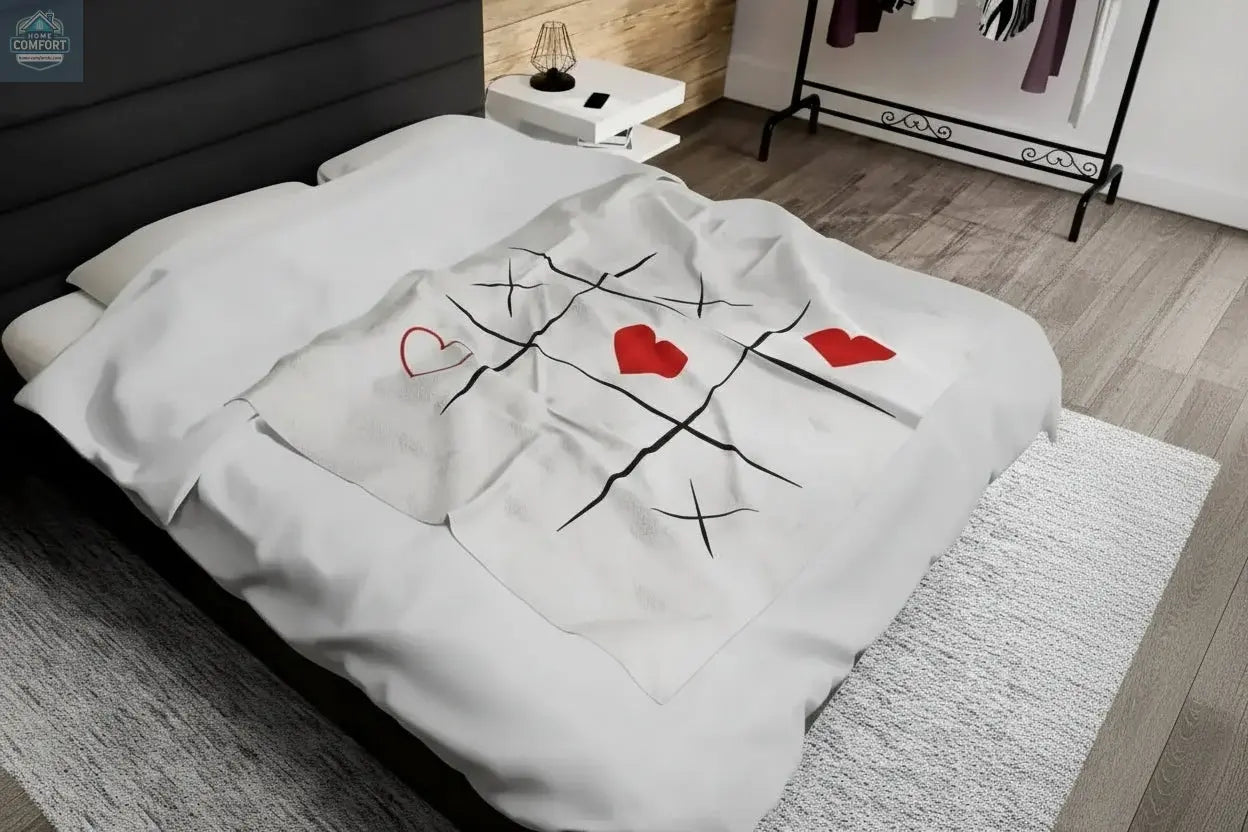 Personalized velveteen plush blanket spread across a bed in a modern bedroom showing soft fabric and custom printed design