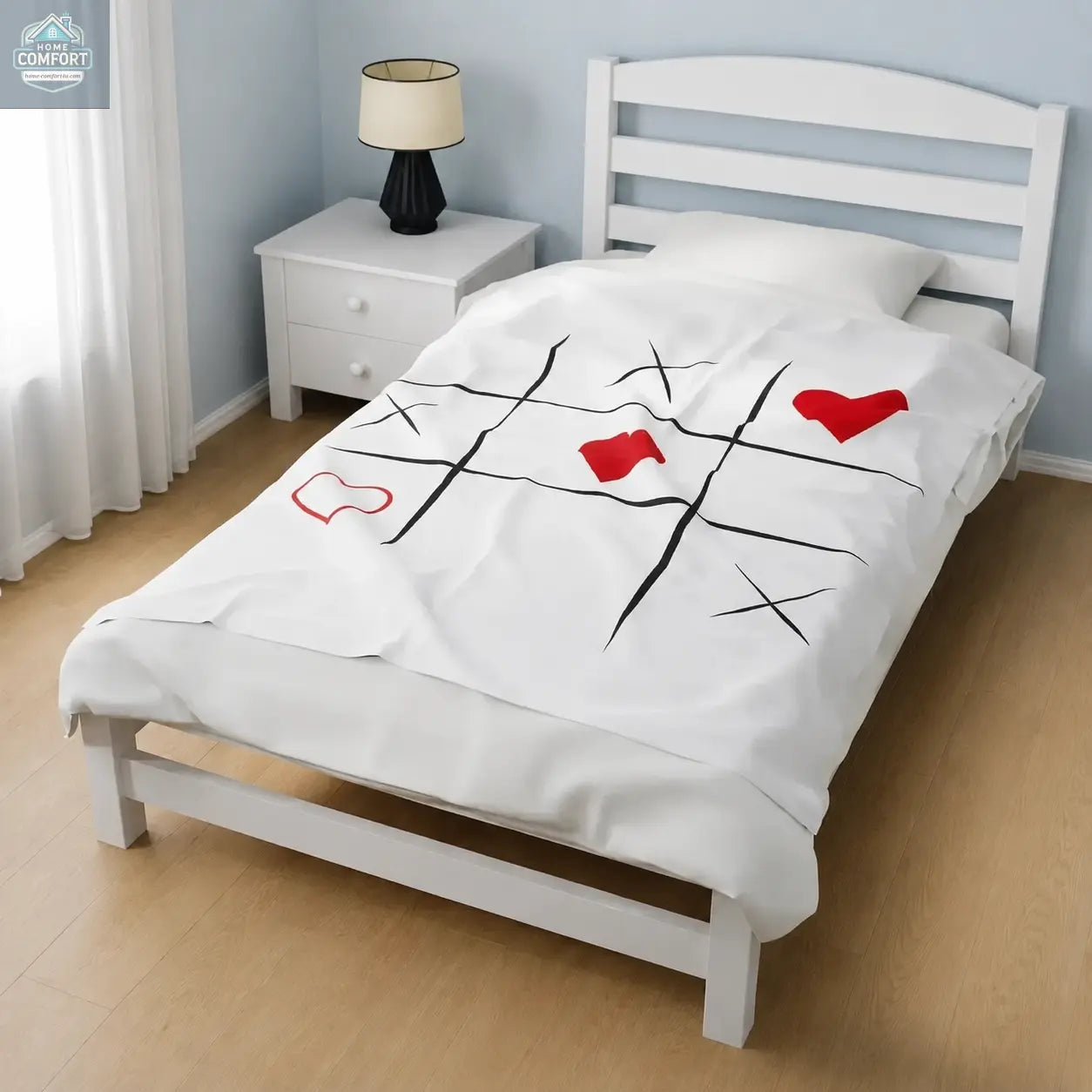 Personalized velveteen plush blanket displayed on a bed in a cozy bedroom, showing soft fabric and custom printed design.