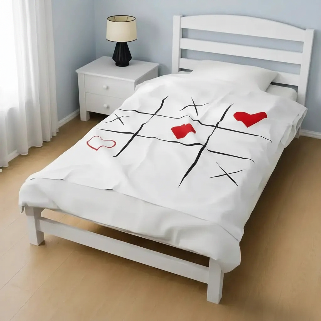 Personalized velveteen plush blanket displayed on a bed in a cozy bedroom, showing soft fabric and custom printed design.