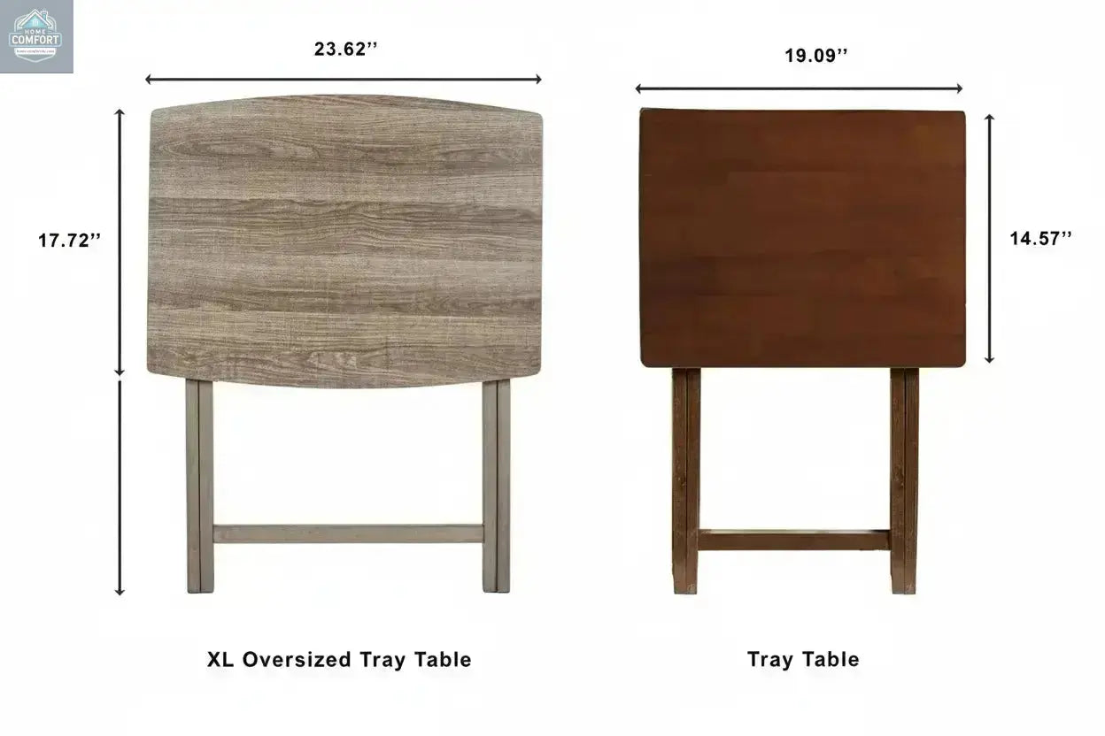 Size comparison of XL folding tray table versus standard tray table