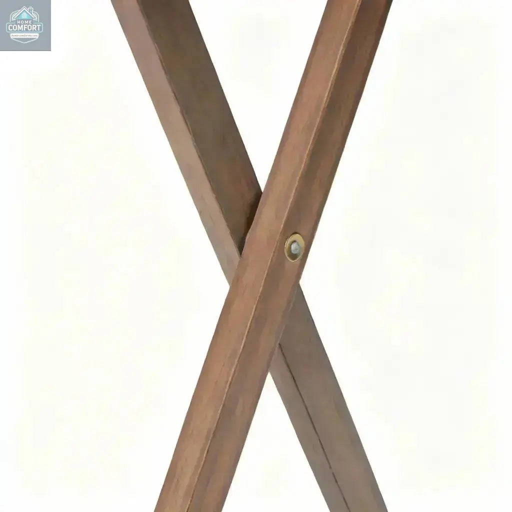 Close view of folding leg hinge on rustic XL tray table