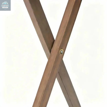 Close view of folding leg hinge on rustic XL tray table