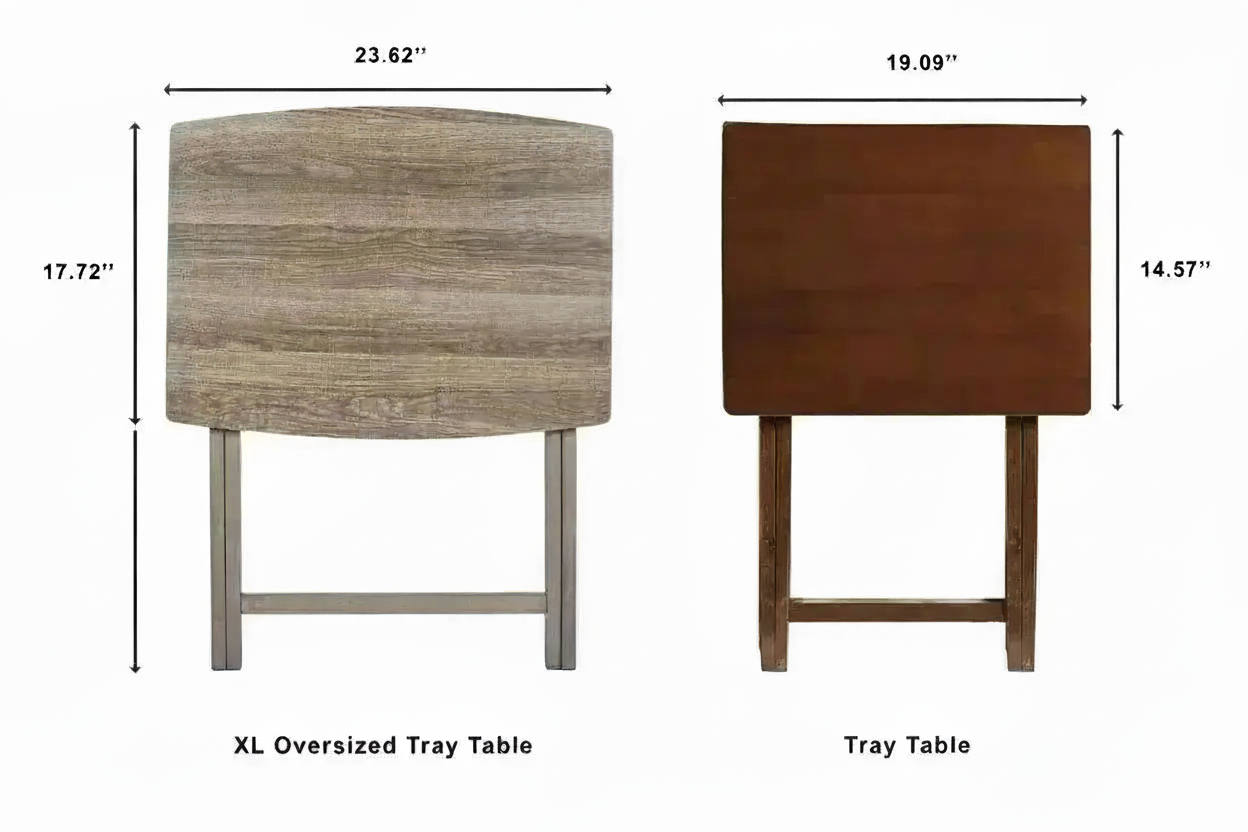 Size comparison of XL folding tray table versus standard tray table