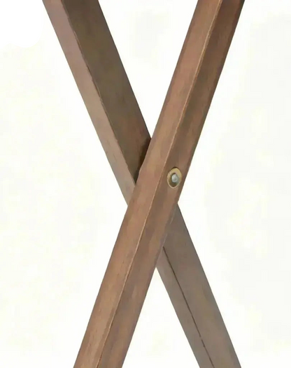 Close view of folding leg hinge on rustic XL tray table
