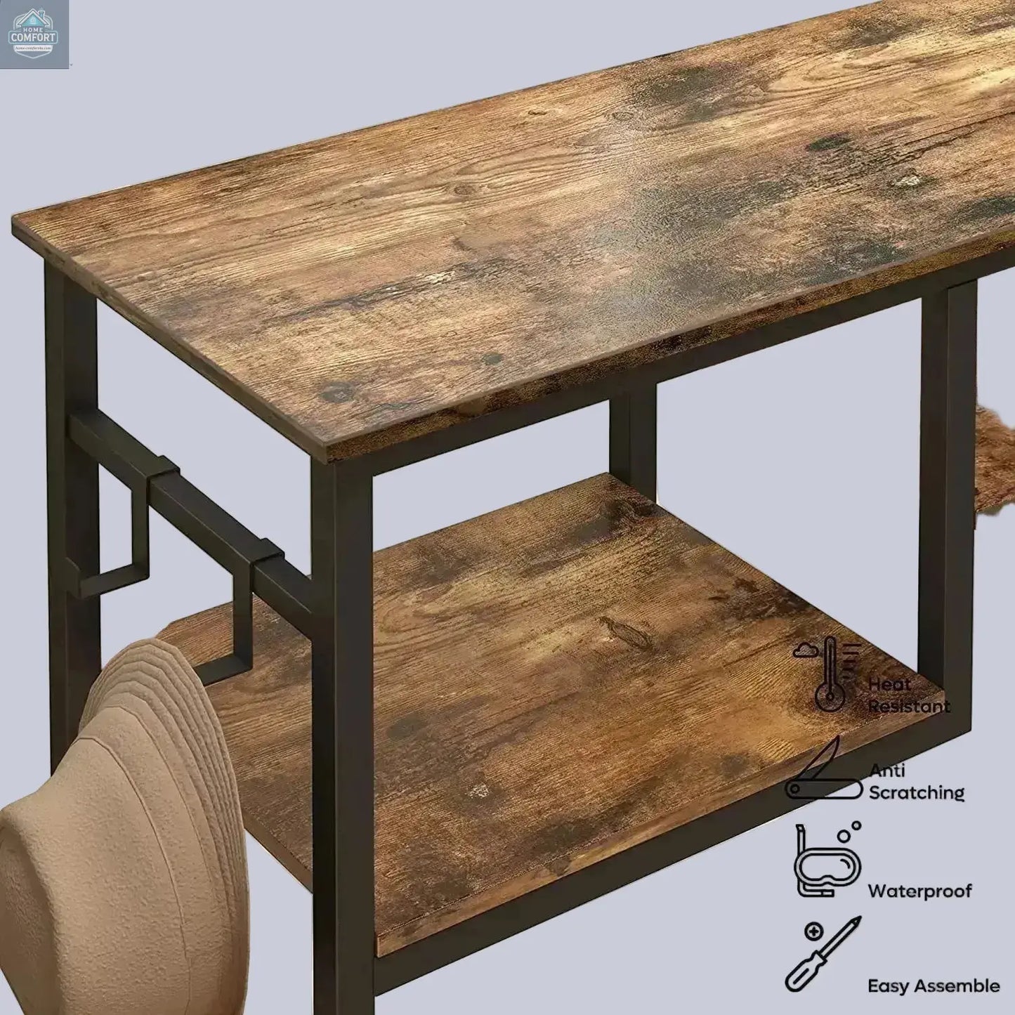 Close up of rustic console table wood surface and metal frame detail

