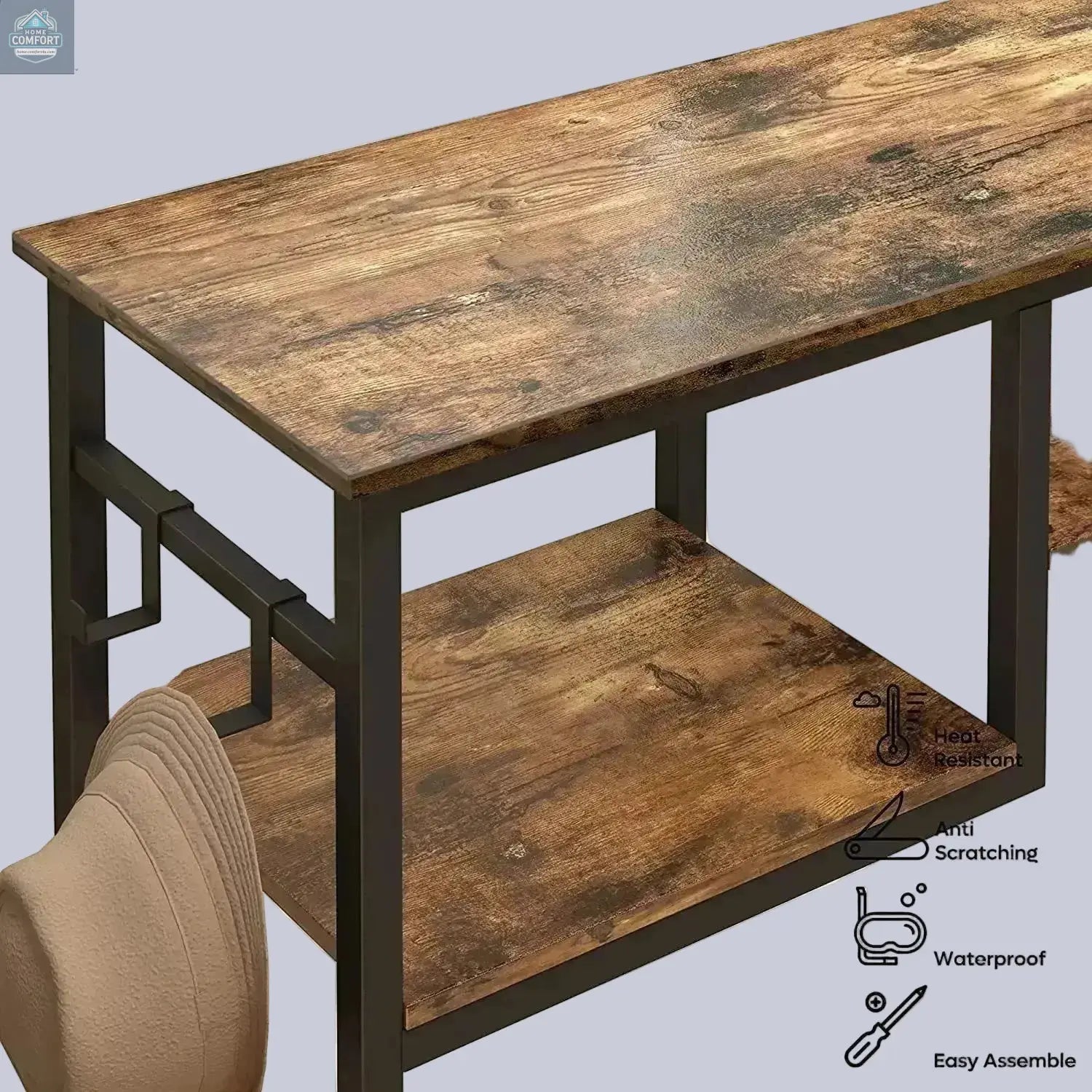 Close up of rustic console table wood surface and metal frame detail
