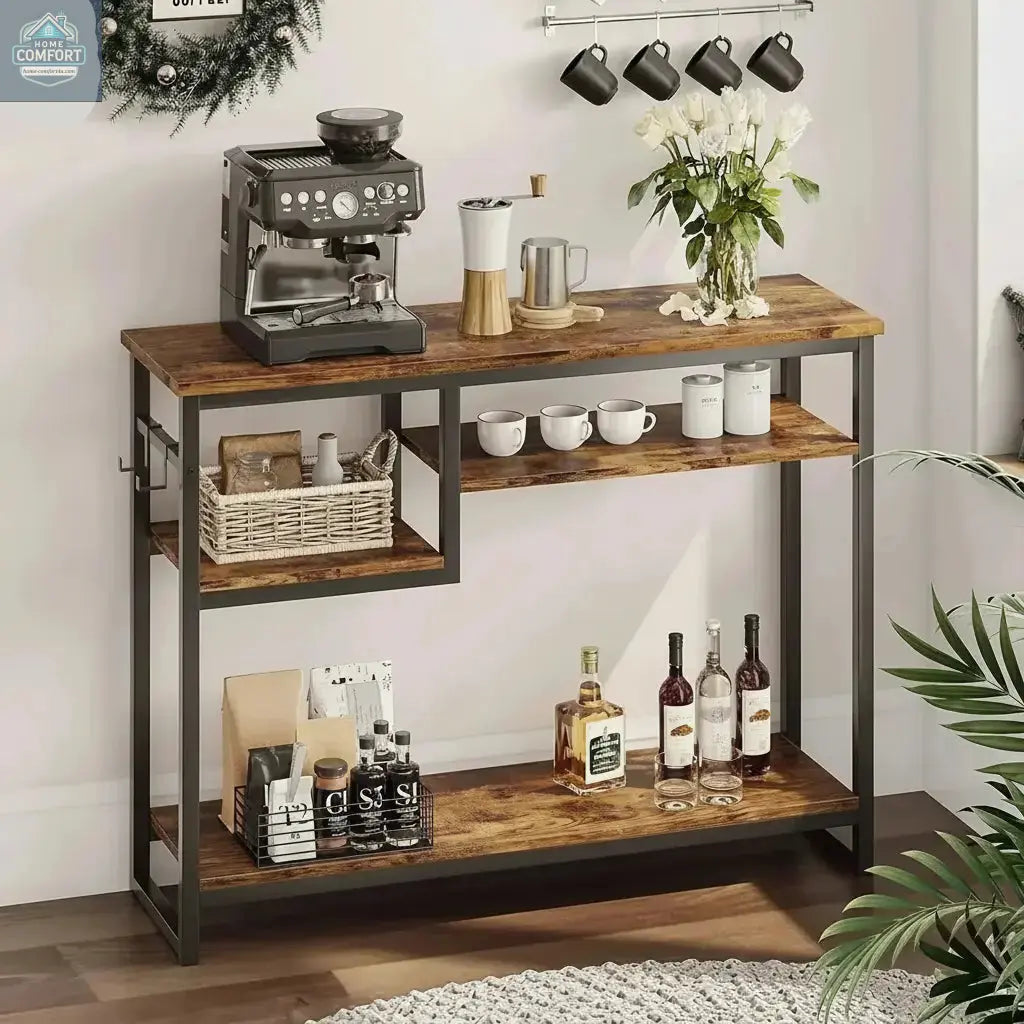 Rustic console table used as coffee bar in home interior setting
