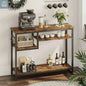 Rustic console table used as coffee bar in home interior setting

