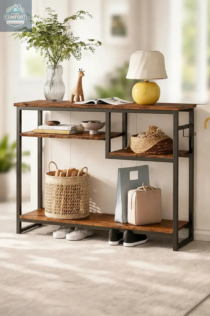 Rustic wood and metal entryway console table with storage shelves styled in home entryway