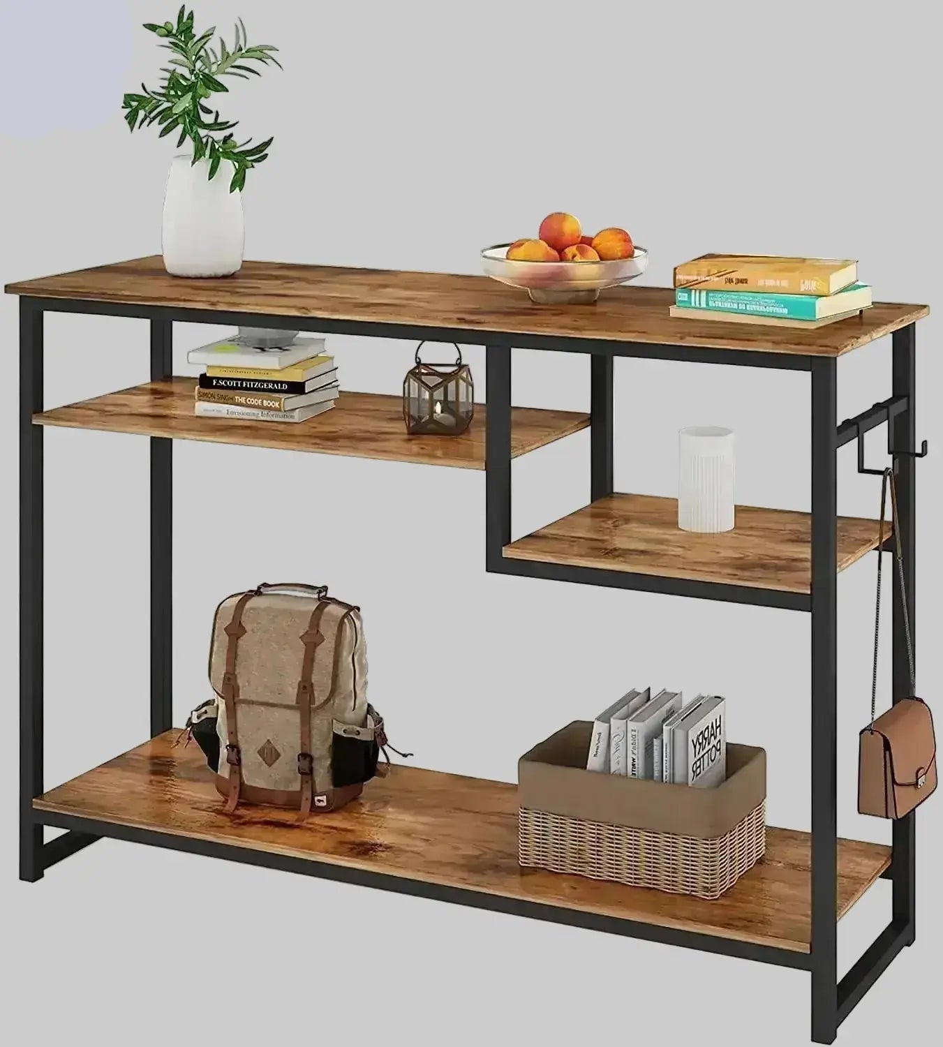 Rustic entryway console table with wood shelves and black metal frame front view
