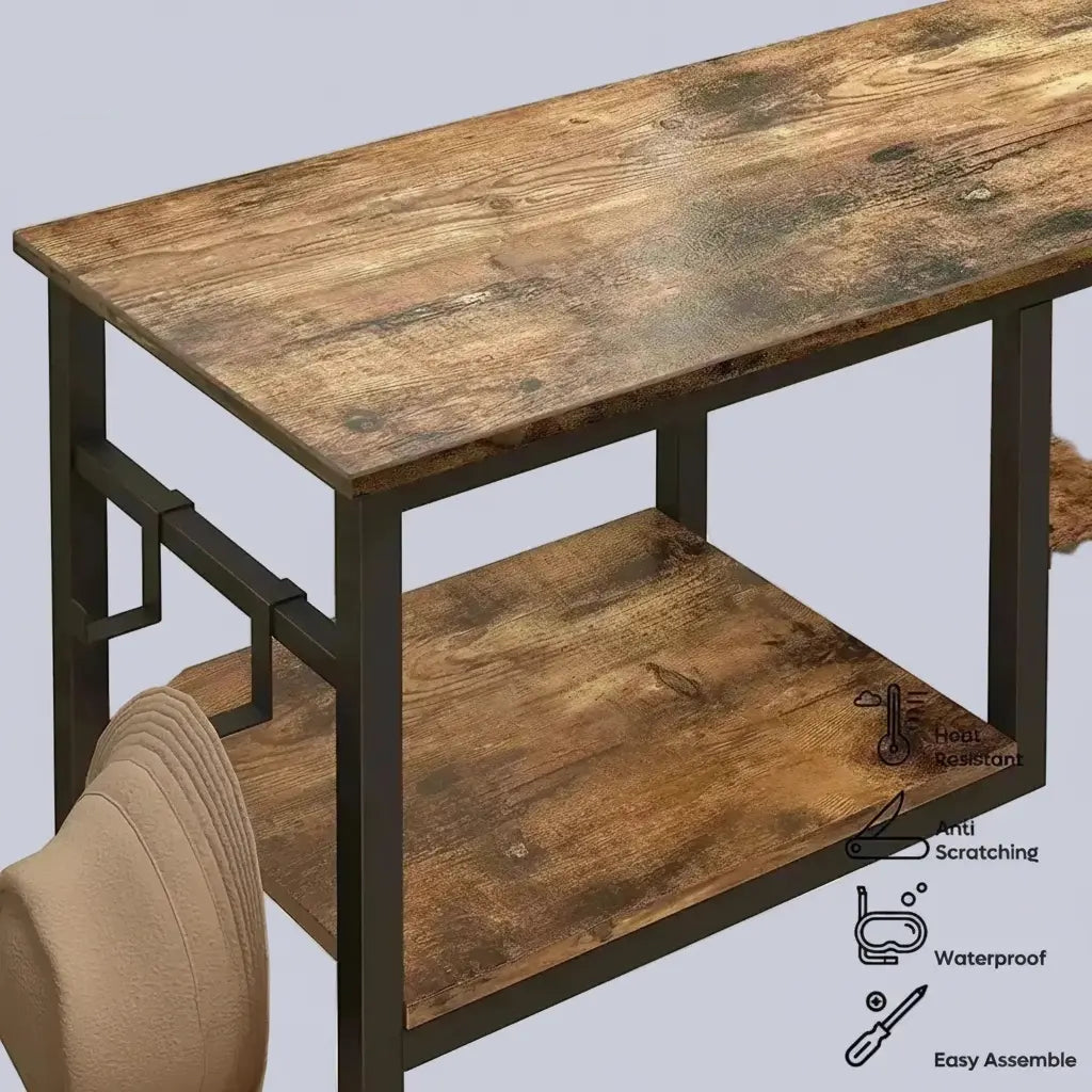 Close up of rustic console table wood surface and metal frame detail
