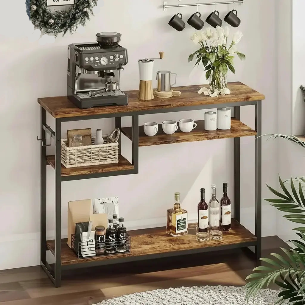 Rustic console table used as coffee bar in home interior setting
