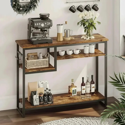 Rustic console table used as coffee bar in home interior setting
