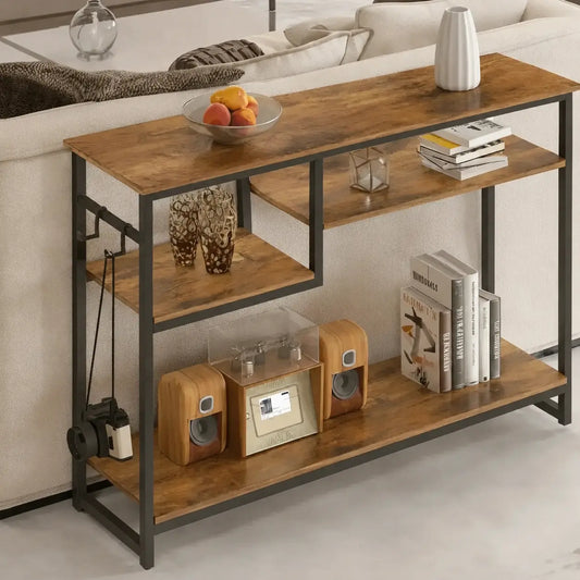 Rustic wood and metal entryway console table placed behind sofa in living room
