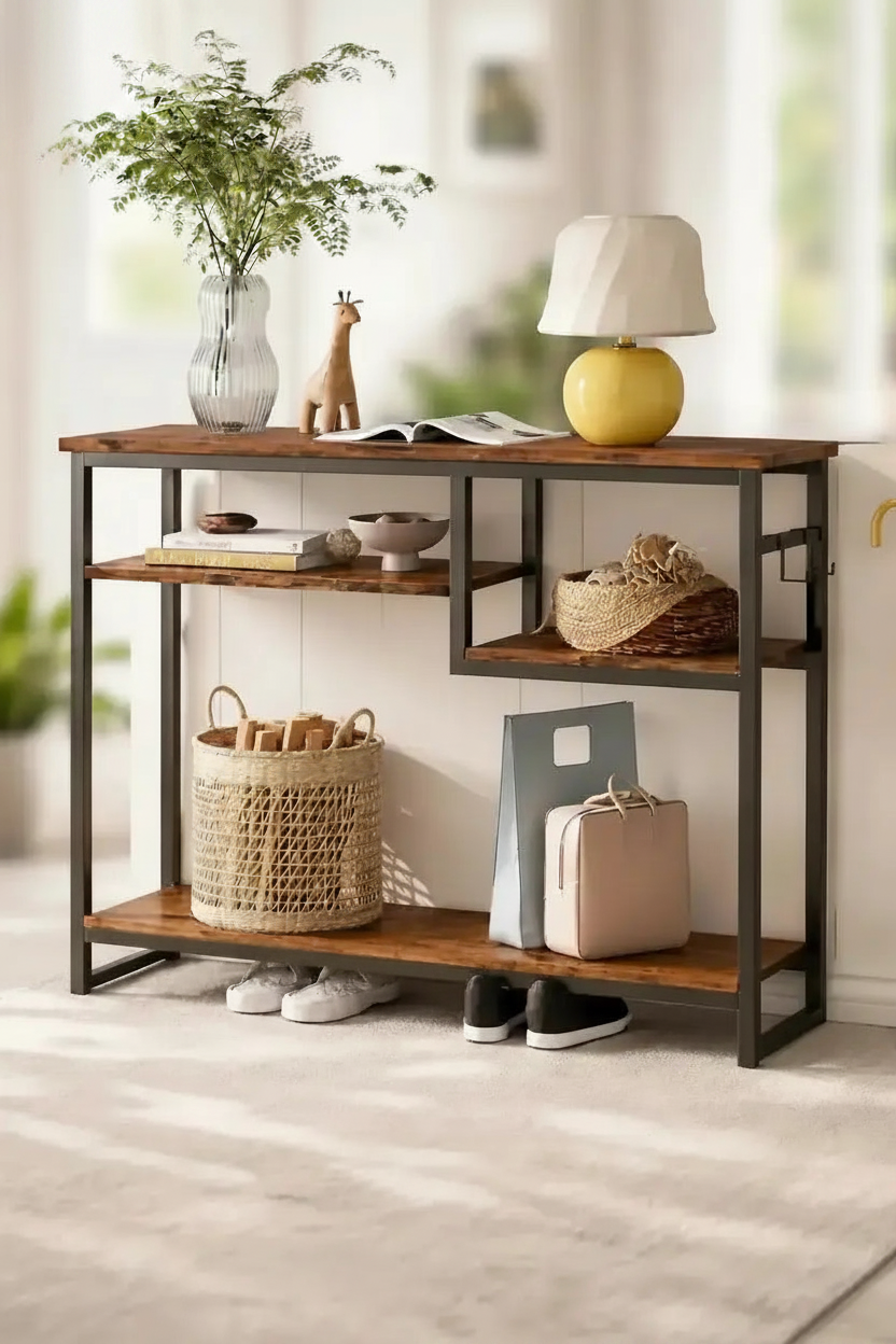 Rustic wood and metal entryway console table with storage shelves styled in home entryway