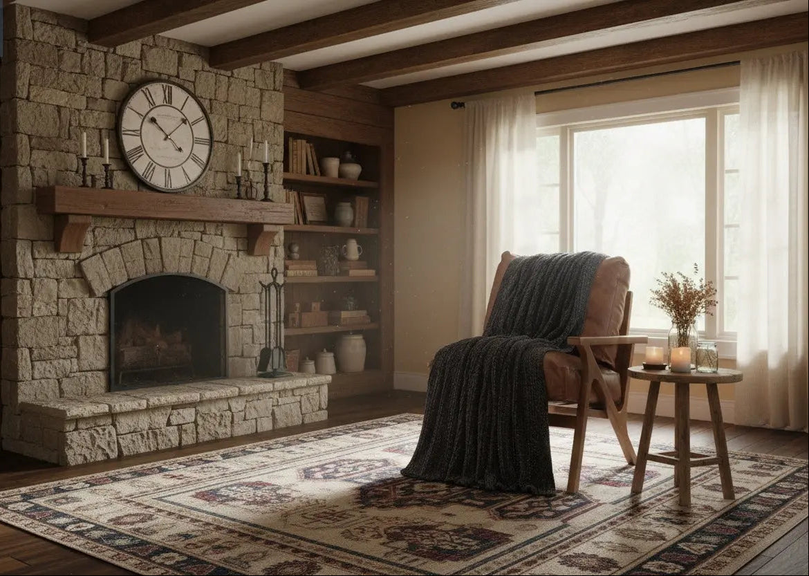 Charcoal knit chenille throw blanket draped over a wooden chair in a cozy living room with stone fireplace
