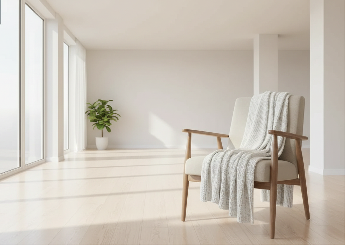 Pearl knit chenille throw blanket draped over a cozy armchair in a warm living room with fireplace