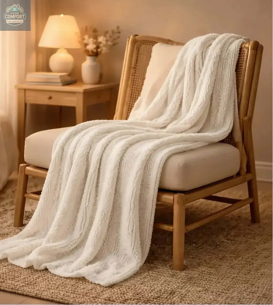 Cozy chair with a soft pearl blanket draped over it in a warm bedroom setting.