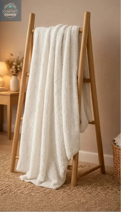 Pearl blanket draped over a wooden ladder in a cozy bedroom setting.