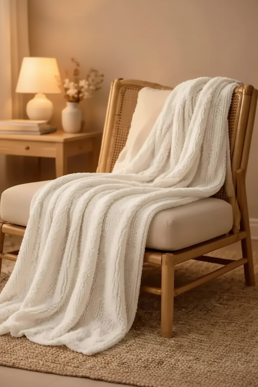 Cozy chair with a soft pearl blanket draped over it in a warm bedroom setting.