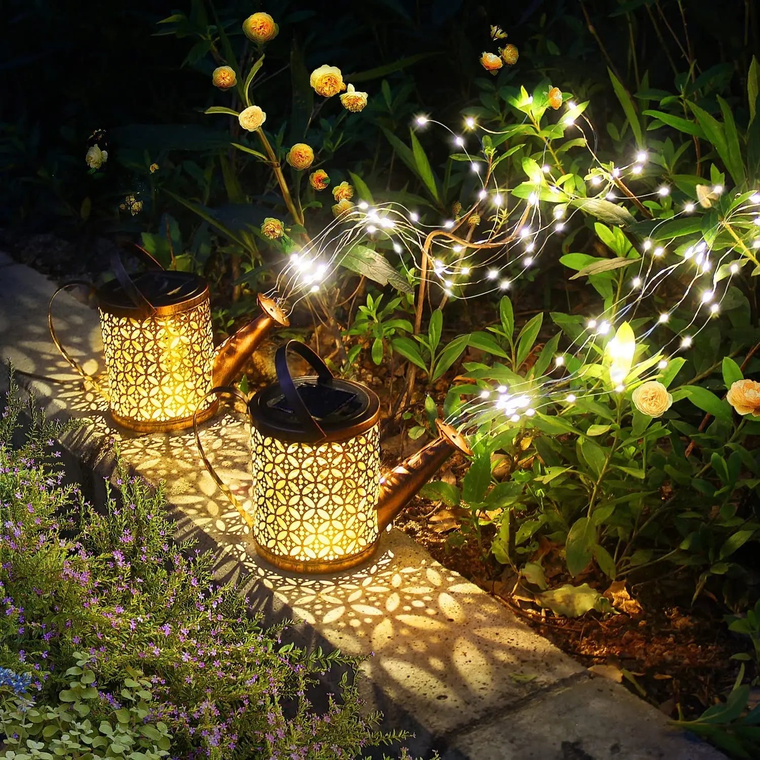 2 Pack Solar Watering Can with Lights,Solar Lanterns Outdoor Hanging Waterproof Garden Decor,Solar Lights Outdoor Garden Decorative,Retro Metal Solar Garden Lights Yard Decorations for Lawn Path PatioS
