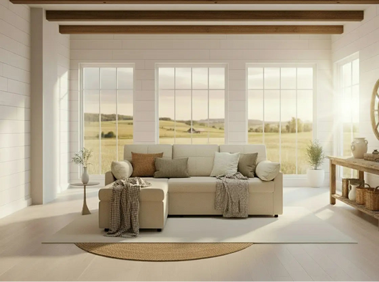 Beige chenille sleeper sofa with storage chaise in bright living room,  Pull-out couch for small spaces
