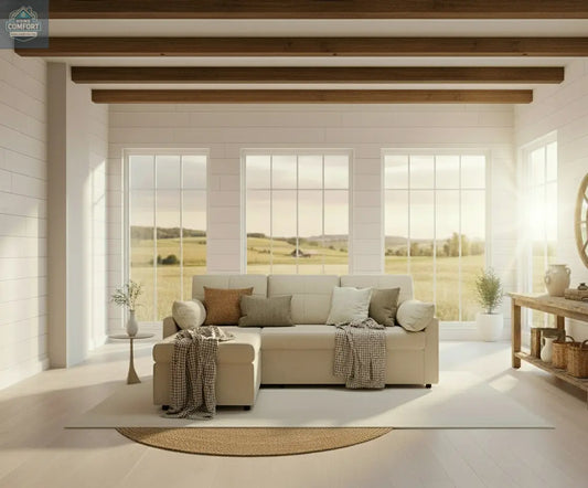 Beige chenille sleeper sofa with storage chaise in bright living room,  Pull-out couch for small spaces
