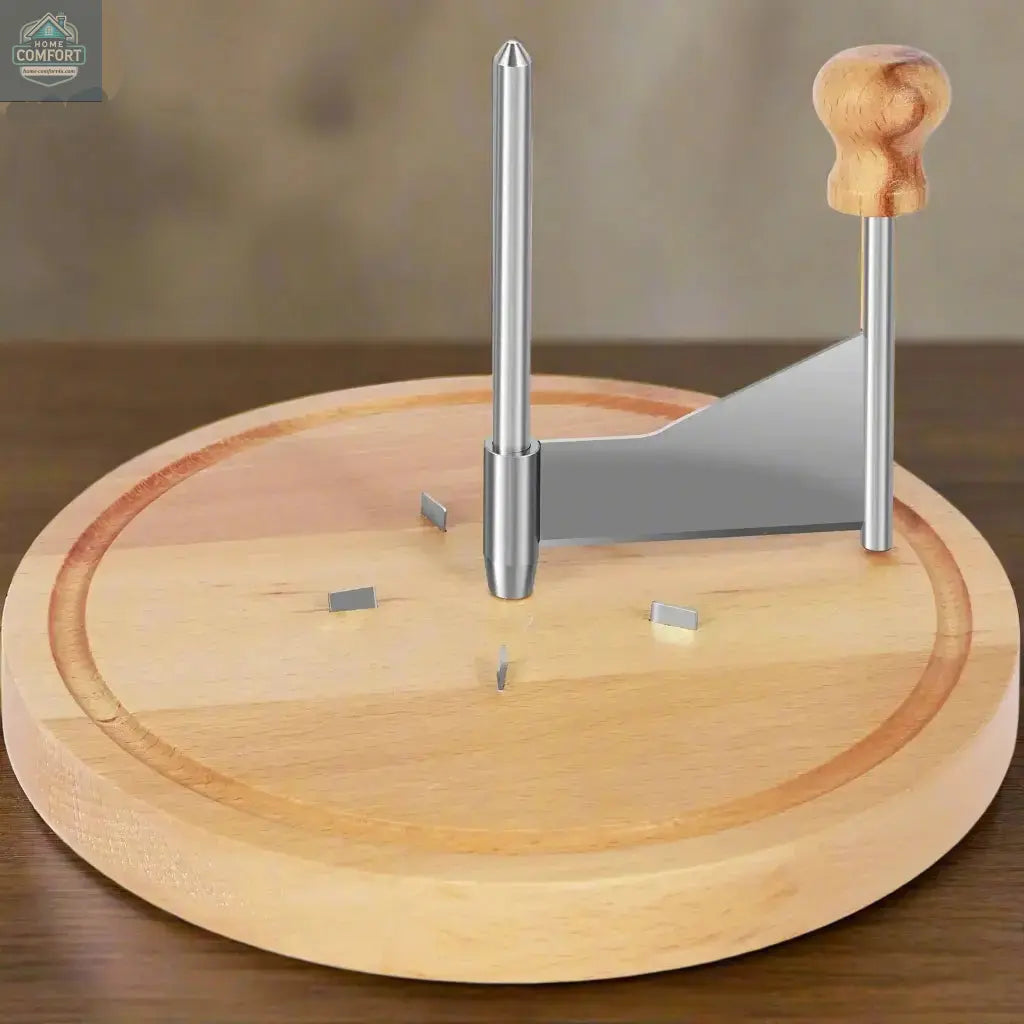 Stainless steel cheese curler with natural beechwood base displayed on wooden board kitchen surface