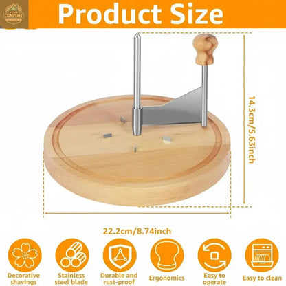 Product size diagram showing measurements for handheld stainless steel cheese curler with wooden base
