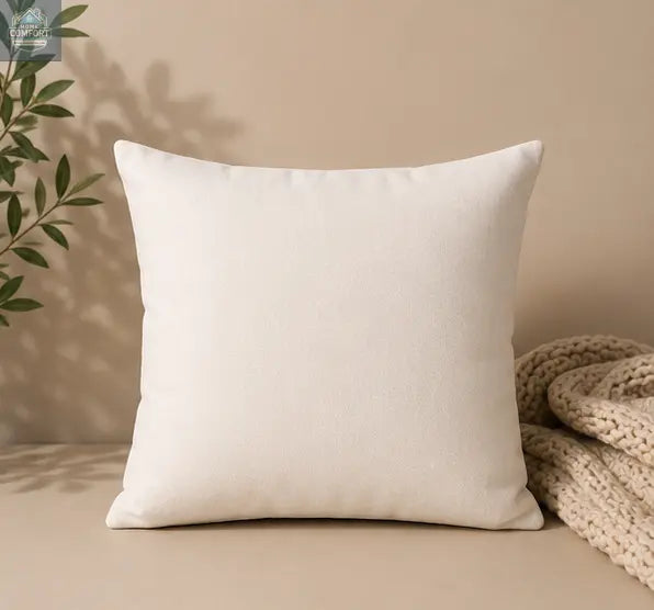 Together Is Our Favorite Place - Decorative Throw Pillow Beige pillow on a beige surface with a plant and textured fabric in the background