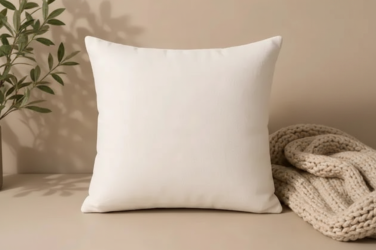 Together Is Our Favorite Place - Decorative Throw Pillow Beige pillow on a beige surface with a plant and textured fabric in the background
