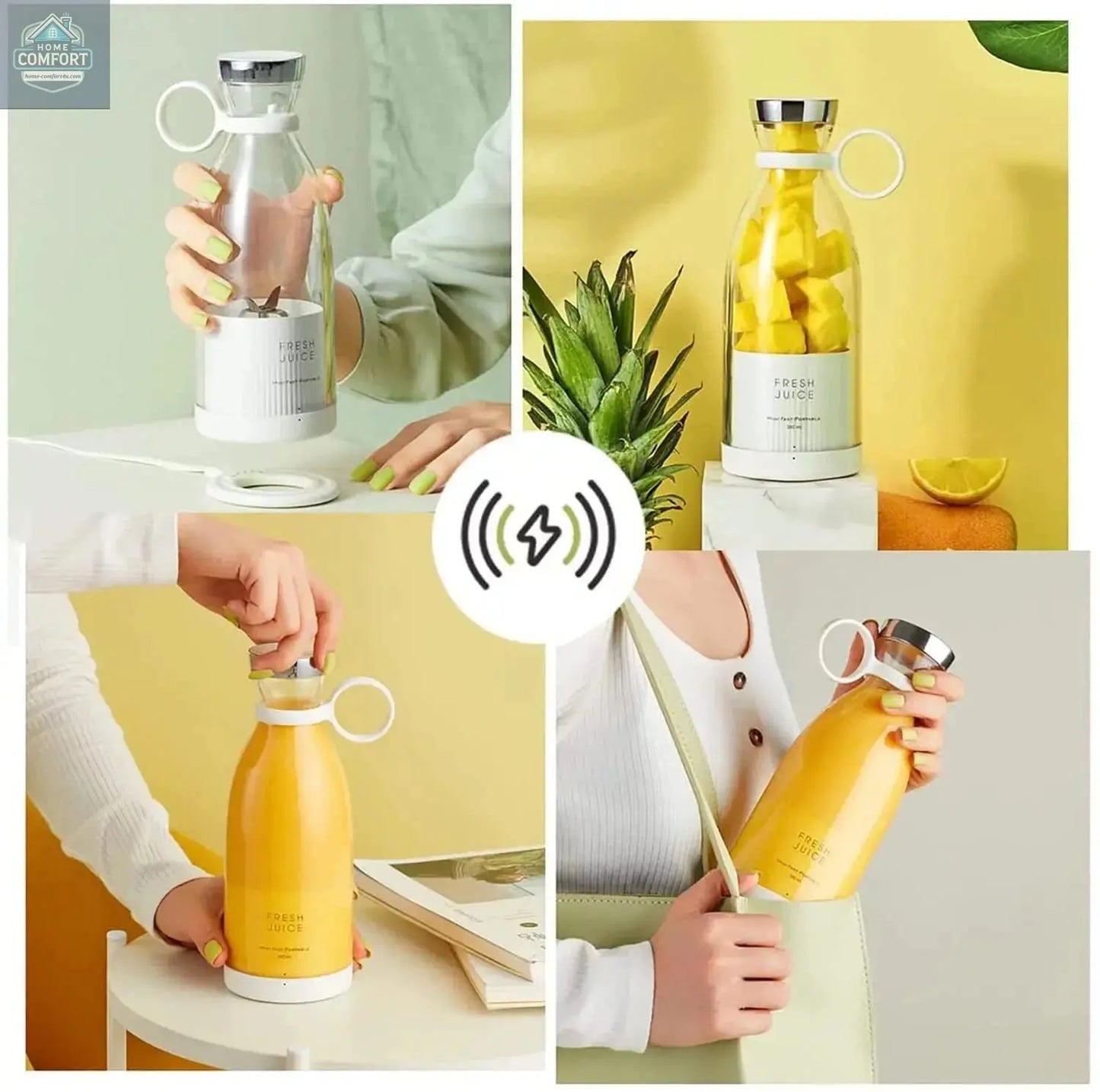 USB rechargeable portable mini blender shown in lifestyle scenes for travel office and everyday use