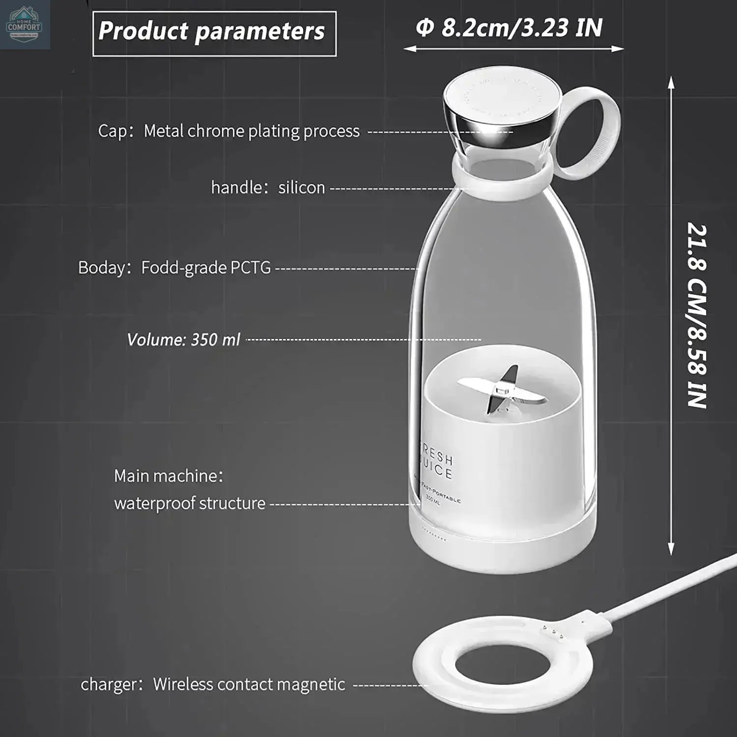 Portable mini blender 350ml capacity with dimensions wireless charging and stainless steel blades
