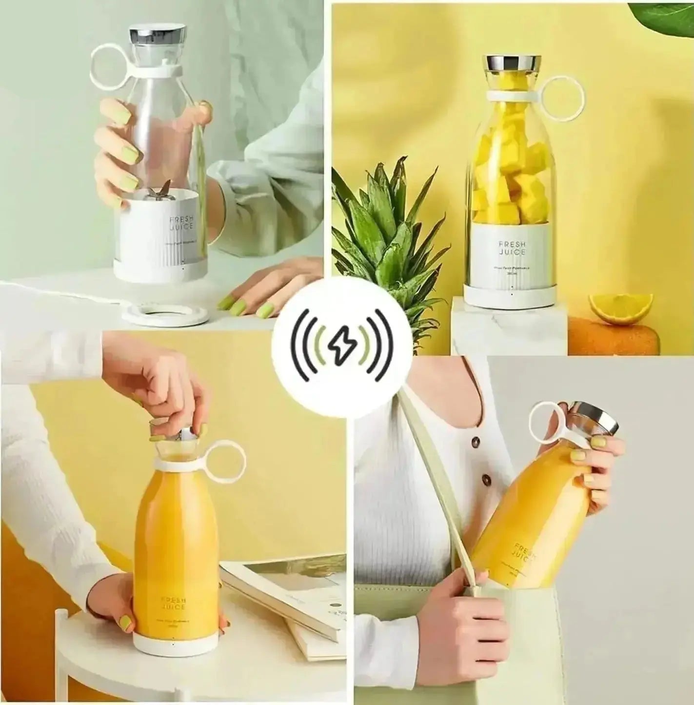 USB rechargeable portable mini blender shown in lifestyle scenes for travel office and everyday use