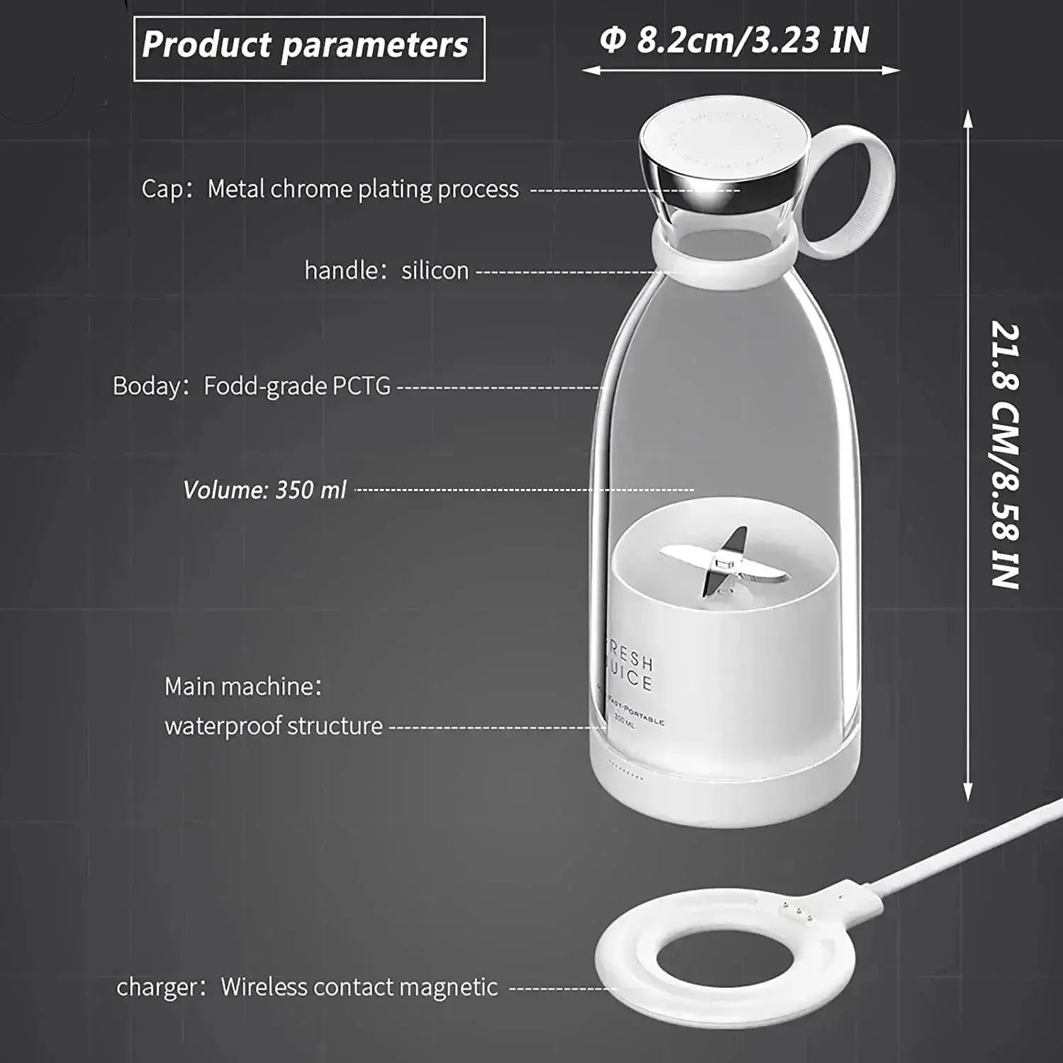 Portable mini blender 350ml capacity with dimensions wireless charging and stainless steel blades