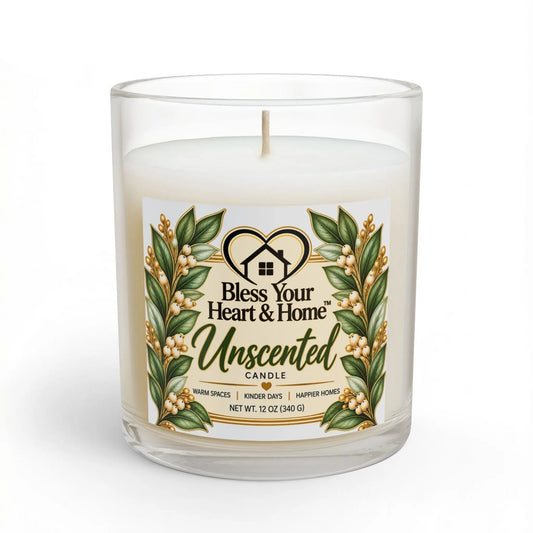 A 11 oz clear glass jar candle with white wax and a printed front label reading 'Bless Your Heart & Home Unscented Candle.' The label features green leaves, white berries, and a heart-shaped house logo.