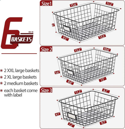 Versatile 6 Pack Wire Baskets for Ultimate Pantry Organization - Includes 2 XXLarge, 2 XLarge, and 2 Large Sizes