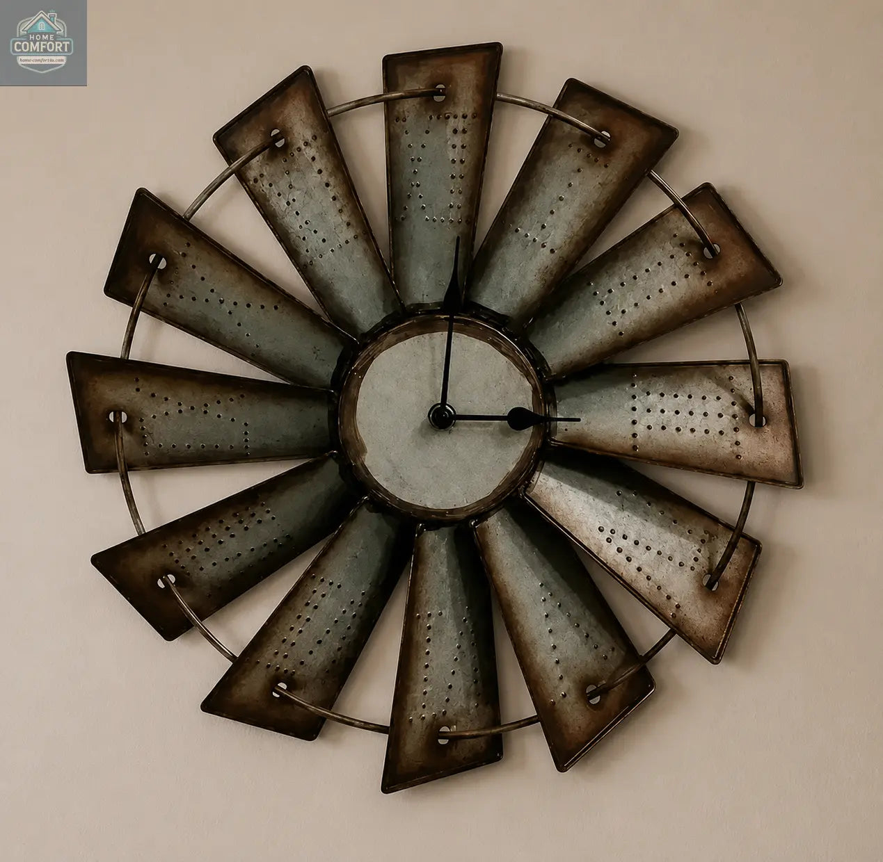 Decorative 18.5' wall clock with rustic design with Roman numerals on a wall.
