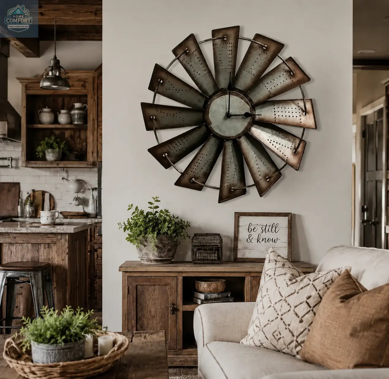 Country style living room with a 18.5 ' round vintage metal wall clock, with plants on the coffee table and long end table near a couch