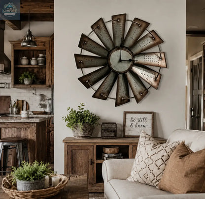 Country style living room with a 18.5 ' round vintage metal wall clock, with plants on the coffee table and long end table near a couch