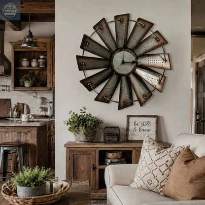 Country style living room with a 18.5 ' round vintage metal wall clock, with plants on the coffee table and long end table near a couch