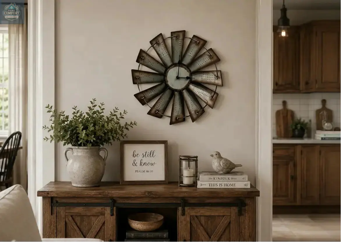 Decorative 14.5" round vintage metal windmill wall clock on a wall above a wooden console table with plants and books.