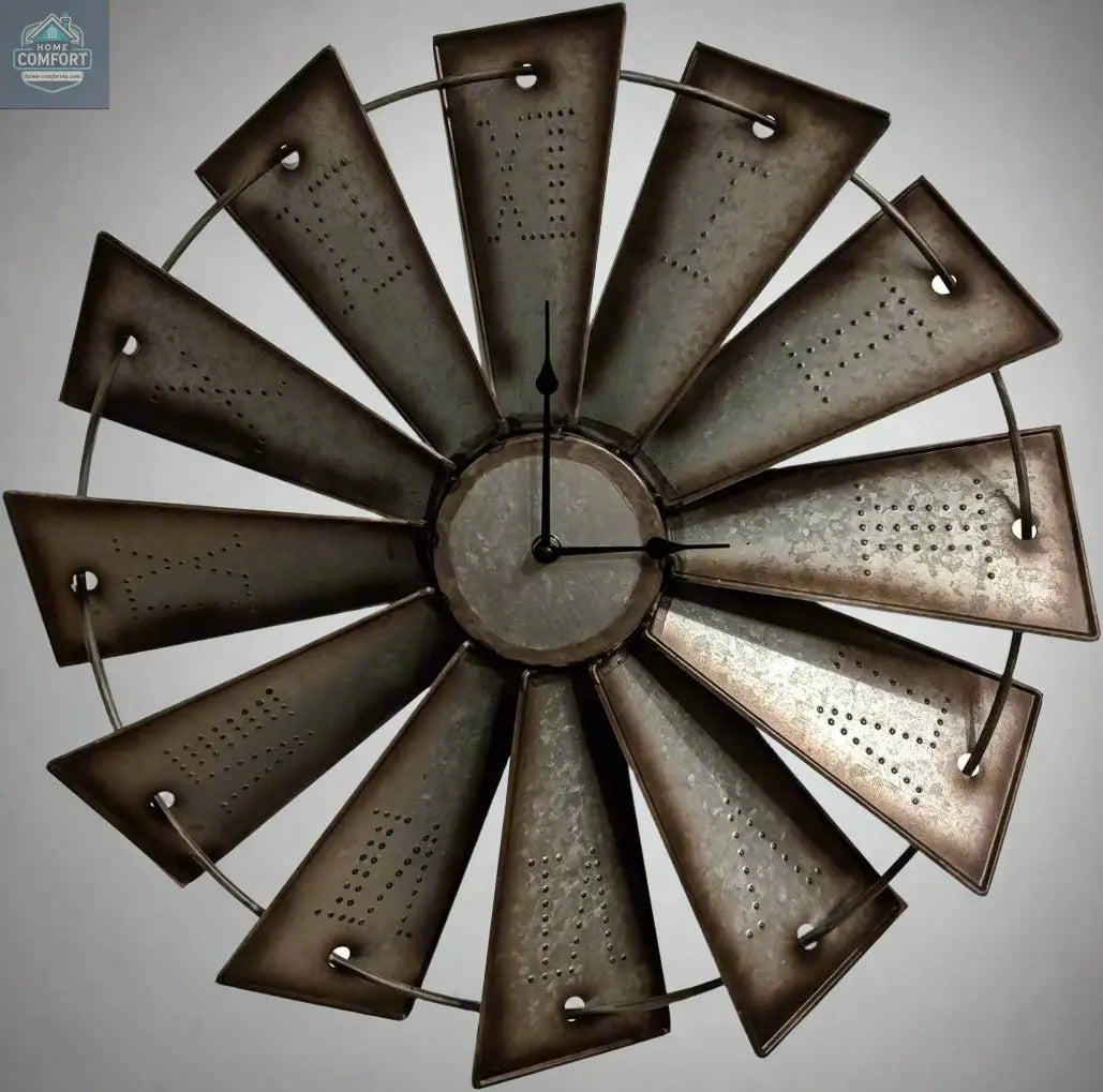 Rustic metal windmill wall clock with distressed finish and vintage farmhouse design for living room or kitchen wall