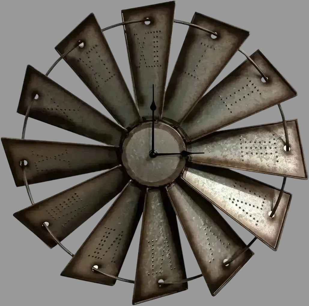 Rustic metal windmill wall clock with distressed finish and vintage farmhouse design for living room or kitchen wall
