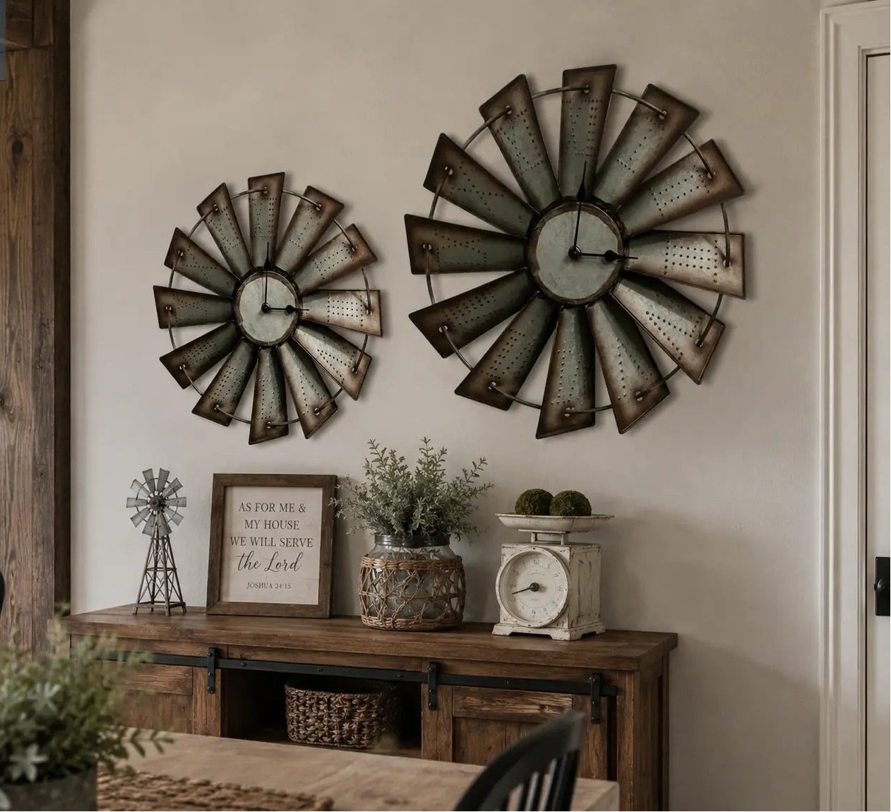Vintage Metal Windmill Wall Clock with Roman Numerals and Distressed Farmhouse Design, 3 Size Options