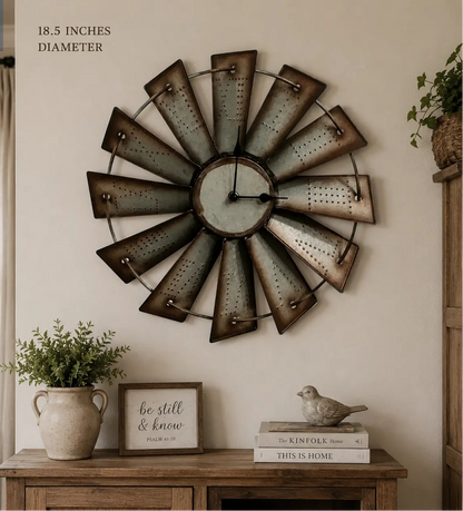 Vintage Metal Windmill Wall Clock with Roman Numerals and Distressed Farmhouse Design, 3 Size Options