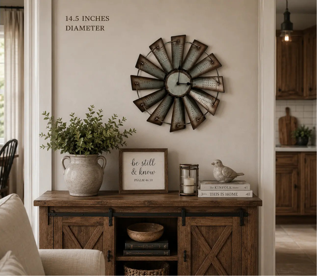 Vintage Metal Windmill Wall Clock with Roman Numerals and Distressed Farmhouse Design, 3 Size Options