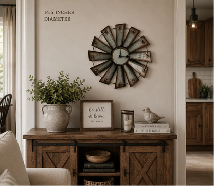Vintage Metal Windmill Wall Clock with Roman Numerals and Distressed Farmhouse Design, 3 Size Options