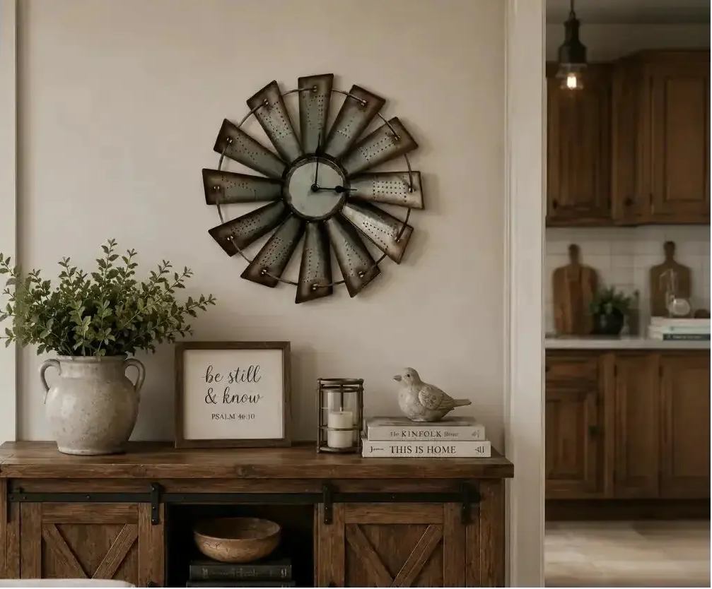 Decorative 14.5" round vintage metal windmill wall clock on a wall above a wooden console table with plants and books.