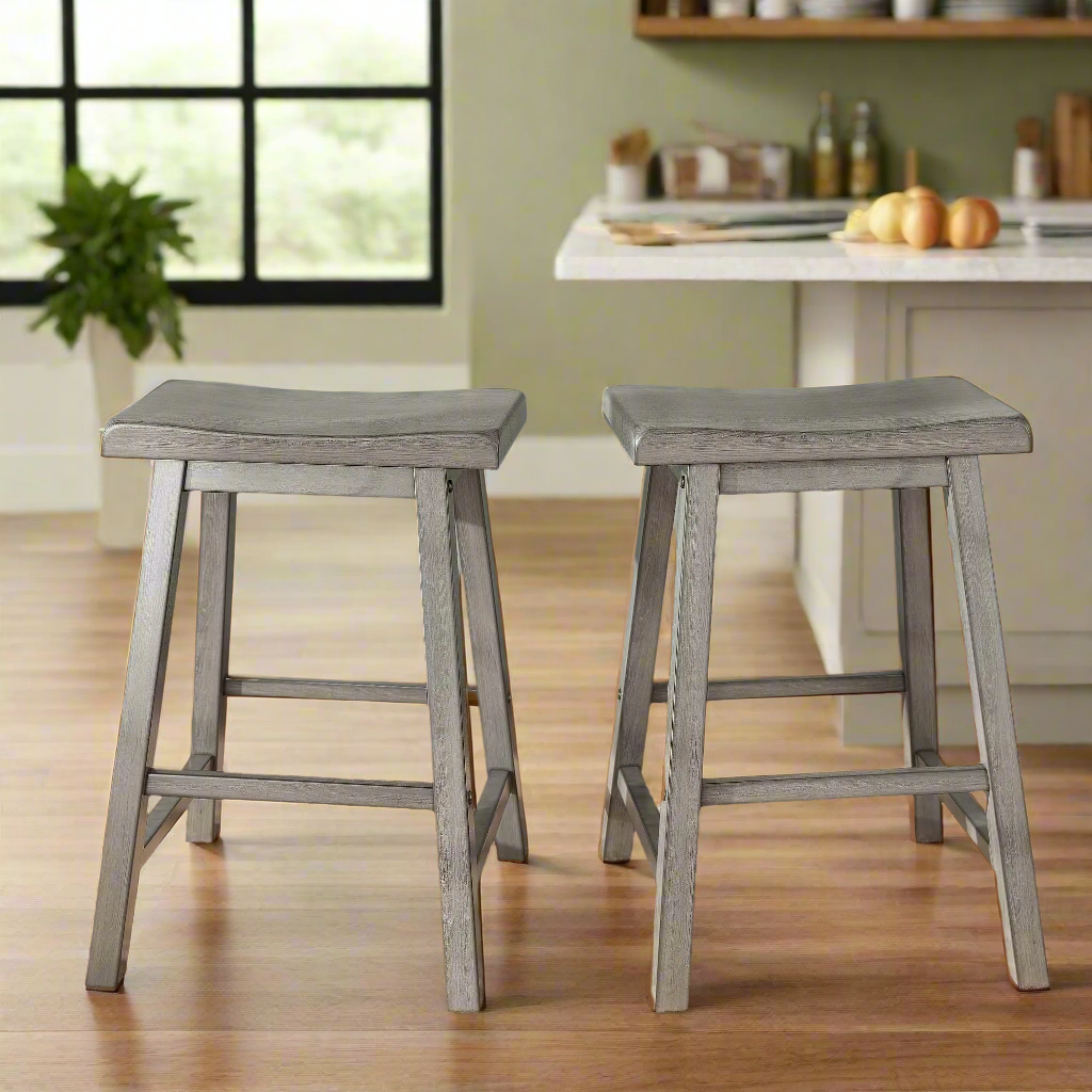 Weston Home Ashby Saddle Seat Backless Wood Counter Stools, Set of 2, Antique Grey